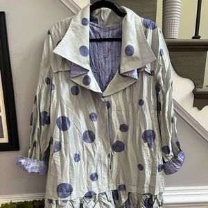 Whimsical Gray & Periwinkle Embroidered Polka Dot Rain Coat sz L
